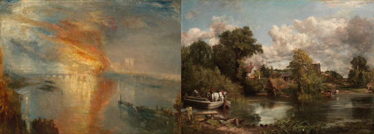 JMW Turner, The Burning of the Houses of Lords and Commons, 16 October 1834, 1835. Cleveland Museum of Art. Bequest of John L. Severance 1942.647; John Constable, The White Horse, 1819. © The Frick Collection, New York. Photo: Joseph Coscia Jr
